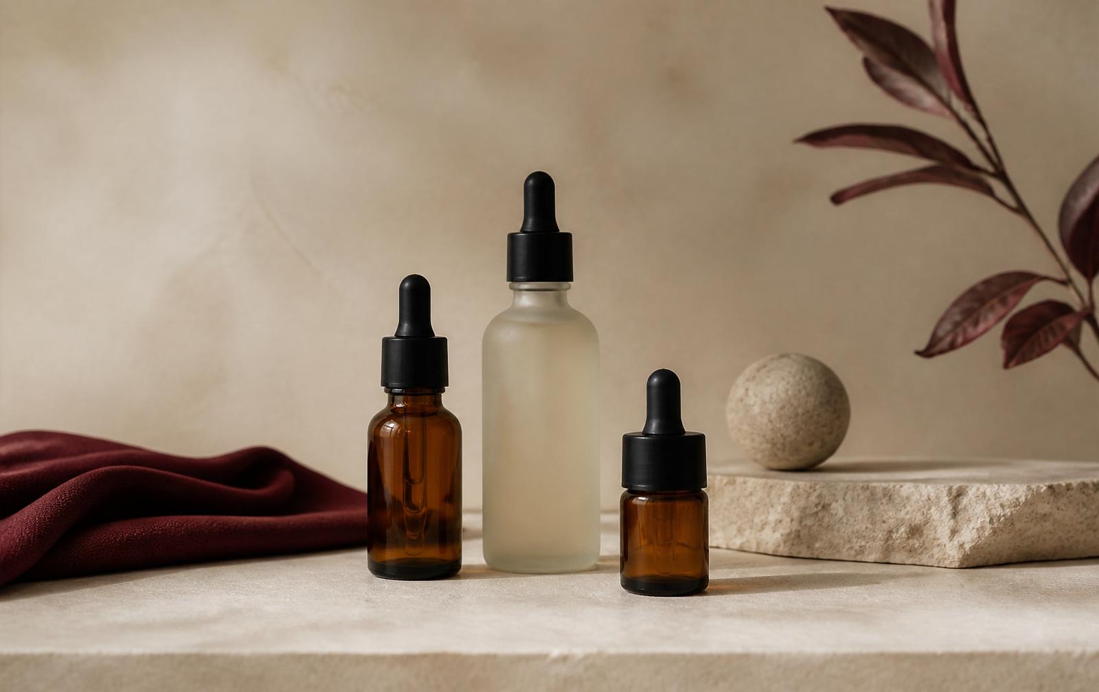 Kuratierte Beauty-Produkte auf warmem Steinuntergrund
